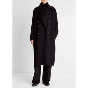 NEW VINCE wool-blend double-breasted long coat in black